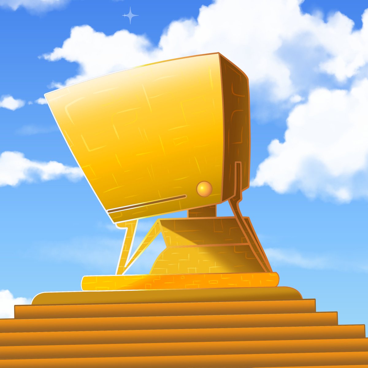 Deep Thought, the golden supercomputer, atop a stepped pyramid against a bright sky
