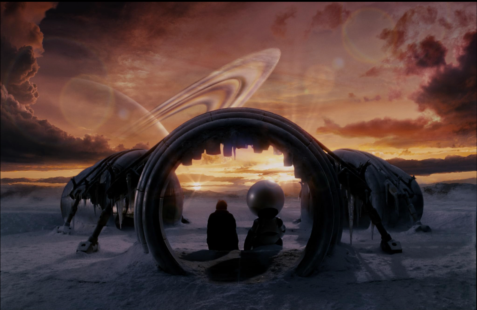 A traveler sitting beneath the Magrathean planet-factory arch at sunset, ringed planet on the horizon